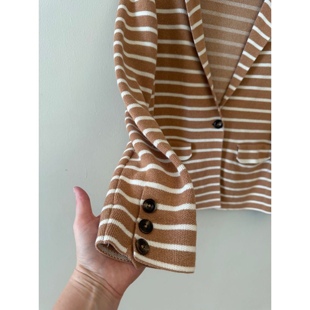 Evereve Knit Sweater Blazer Tan White Striped Cotton Blend Jacket Size M - Picture 3 of 7